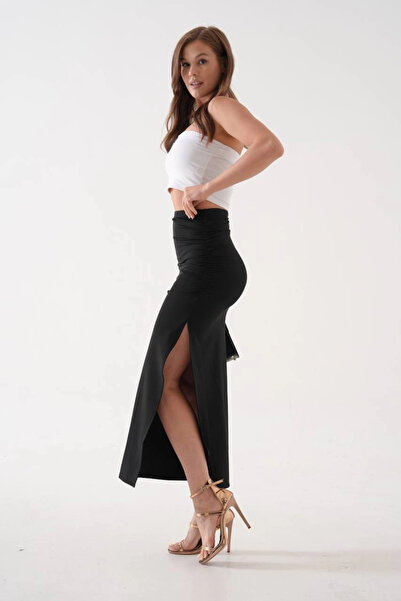 ZENGEZUR MALL Lvsqvr Long Slit Thin Fabric Skirt Black (230028) (Size: S)