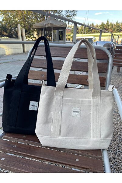 macsoo 2-Piece Black Cream Canvas Snap Bag with Adjustable Crossbody Strap Women's Hand and Shoulder Bag