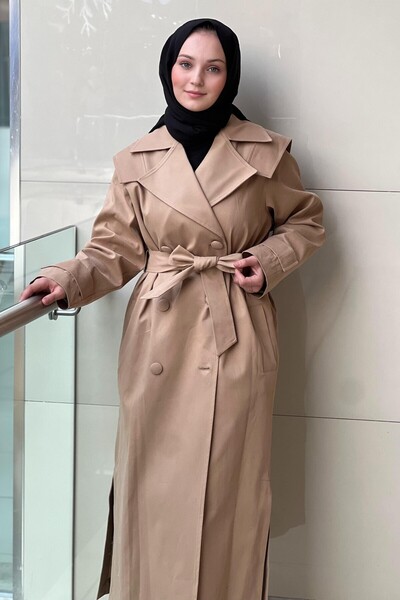 Nuss 6023 Double-Breasted Collar Belted Slit Full Length Trench Coat