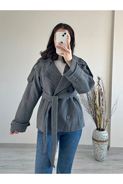 Aspendia معطف قصير نسائي رمادي اللون مع حزام