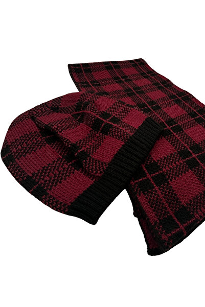 Sofist İstanbul Burgundy & Black Plaid Knitted Unisex Scarf & Beanie Set Long Soft Checkered Scarf and Beanie Set