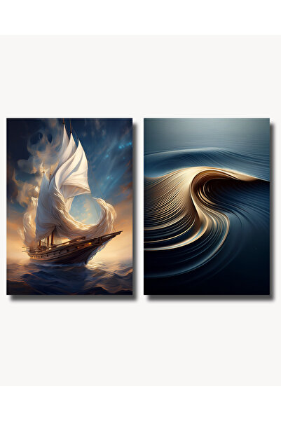 Rosaart Çerçevesiz Poster 2'li Set | Yelkenli Gemi ve Soyut Sarı Dalga Poster...