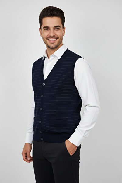 Triko Nehir Men's Buttoned Vest with Pockets Steel Knit Classic Fit Bgl-St04836
