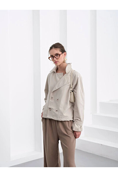 Lusin Women's Double Button Detailed Double-Breasted Collar Lined Short Premium Quality Trench Coat Jacket