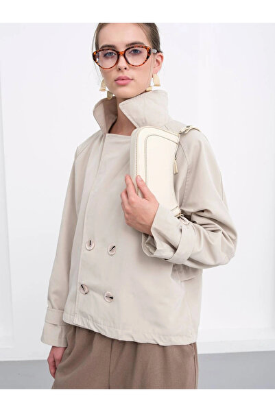 Lusin Women's Double Button Detailed Double-Breasted Collar Lined Short Premium Quality Trench Coat Jacket