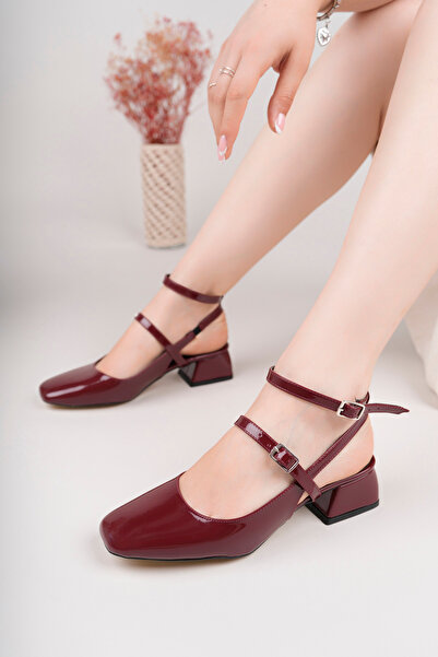 İA İLERİADIM Mary Jane Women's Burgundy Patent Leather Square Toe Short Block Heel Shoes Ilradm-398