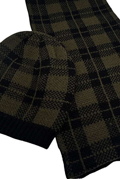Sofist İstanbul Khaki & Black Plaid Knitted Unisex Scarf & Beanie Set Long Soft Checkered Scarf and Beanie Set