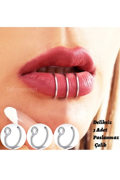 TakıConcept 3 Adet Paslanmaz Çelik Deliksiz Piercing Dudak Piercing Fake Pier...