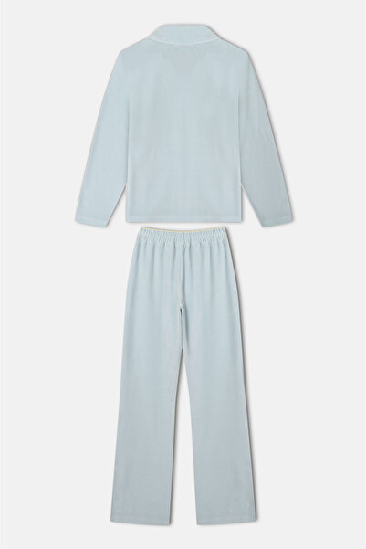 SACCROCHER Mou %100 Pamuk Kadife Dokulu Mavi Alt Üst Pijama Takımı