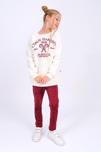 Perendi Girl's Winter Set with Embroidery Detail Sweatshirt and Velvet Leggings with Fleece Lining