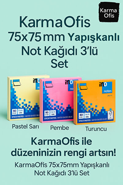 KarmaOfis 75X75Mm Sticky Note Paper Set of 3 (Pastel Yellow, Pink, Orange)