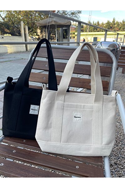 macsoo 2-Piece Black Cream Canvas Snap Bag with Adjustable Crossbody Strap Women's Hand and Shoulder Bag