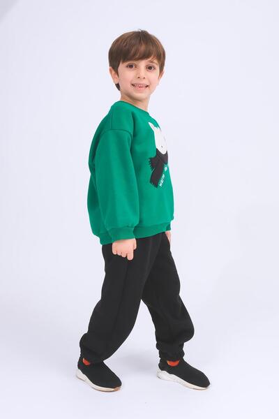 Perendi Boy's Teddy Bear Applique Sweatshirt and Sweatpants Winter Set with Fleece Lining – Green