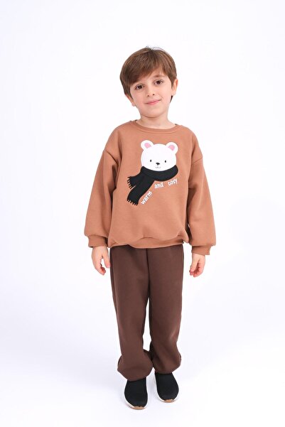 Perendi Boy's Teddy Bear Appliqué Sweatshirt and Sweatpants Winter Set with Fleece Lining – Brown