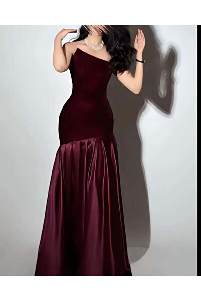 Riva Elegant burgundy evening dress, one shoulder, velvet and satin, mermaid cut