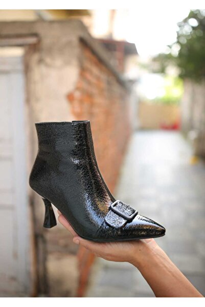 EREN SHOES BAG (KATERİNA) Cizme de damă din piele naturală B cu imprimeu din piele lacuită, cu detaliu cu cataramă, cu toc și fermoar