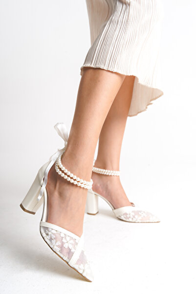 FOLLOWIN Women's Bride Pearl Lace Detailed Thick Heeled Special Occasion Engagement Wedding Bridal Shoes