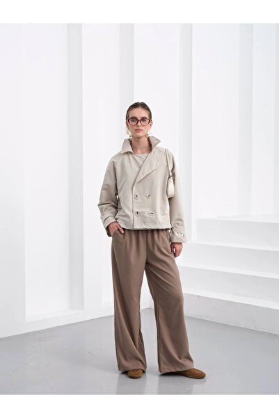 Lusin Women's Double Button Detailed Double-Breasted Collar Lined Short Premium Quality Trench Coat Jacket