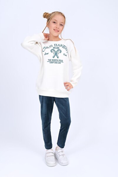 Perendi Girl's Winter Set with Embroidery Detail Sweatshirt and Velvet Leggings with Fleece Lining