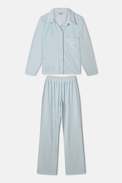 SACCROCHER Mou %100 Pamuk Kadife Dokulu Mavi Alt Üst Pijama Takımı