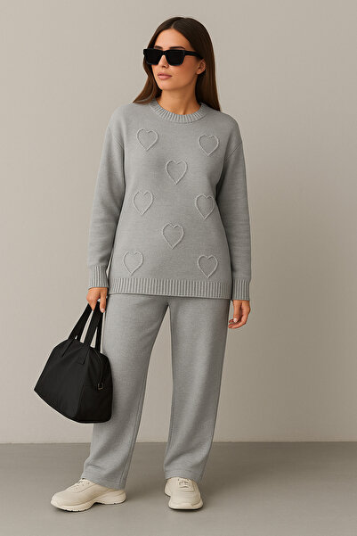 semela New Season Patterned Knitwear Pants Suit with Embossed Heart Pattern