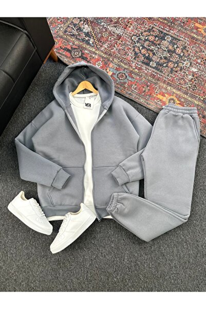 tetramoda Three Thread Compact Hooded Cotton Inside Cardigan and Sweatpants 2-Piece Set