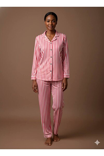 inspira lingerie Women's Buttoned Thin Pink Striped Pajama Set