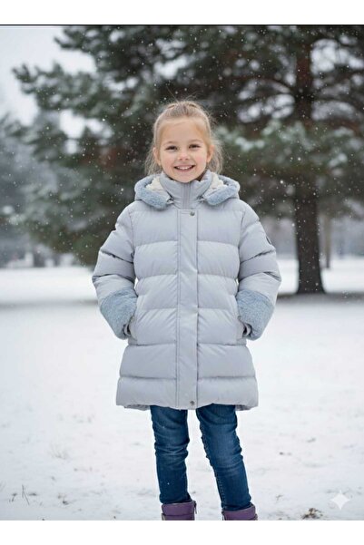 gnygiyim Girl's Puffer Coat Fur Ice Blue Removable Hooded Zippers
