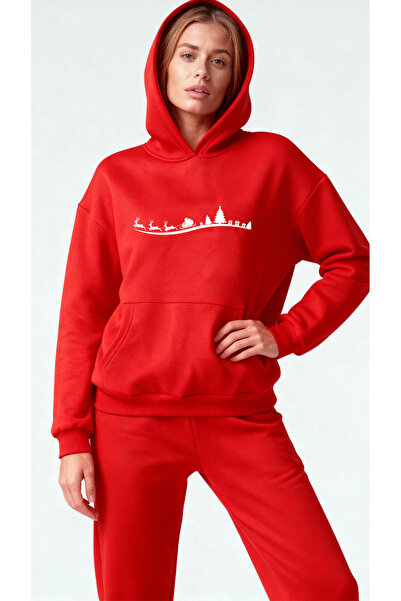 ClubSpaceAstro New Year Special – Reindeer Pulling a Sleigh Printed 3 Thread Ş Fleece-Lined Red K Hooded Bottom and Top Tracksuit Set