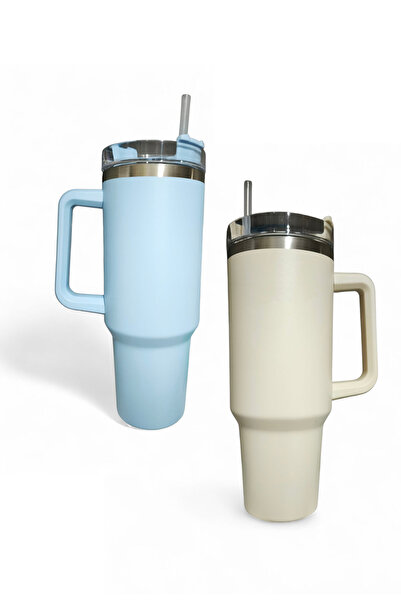 Smart 2 Pieces Stainless Steel Insulated Tumbler Water, Iced Tea or Coffee,1200ml Biege and Blue