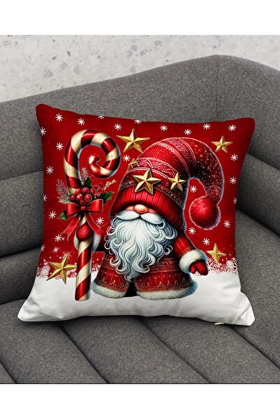 Şah Dekor Christmas Themed Red Background Dwarf Patterned Set of 2 Digital Printed Gift Pillow Cushion Cover Set