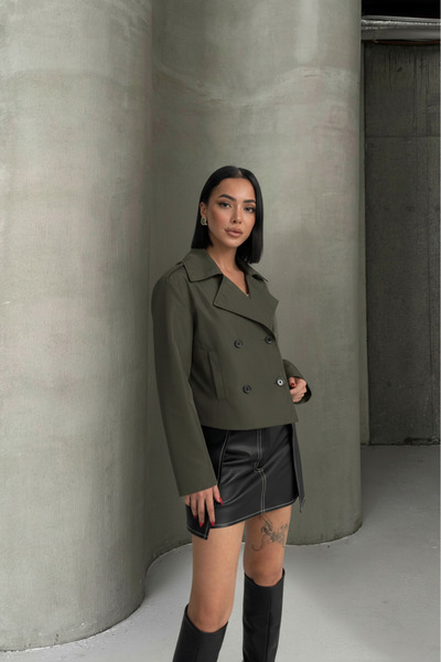 ALFUDO Moda Collection Basic Buttoned Double-Breasted Collar Khaki Trench Coat