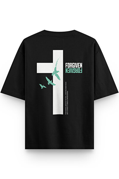 Overoz Forgiven Sırt Printed Yarı Oversized Black Tshirt 1411