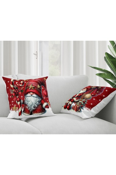 Şah Dekor Christmas Themed Red Background Dwarf Patterned Set of 2 Digital Printed Gift Pillow Cushion Cover Set