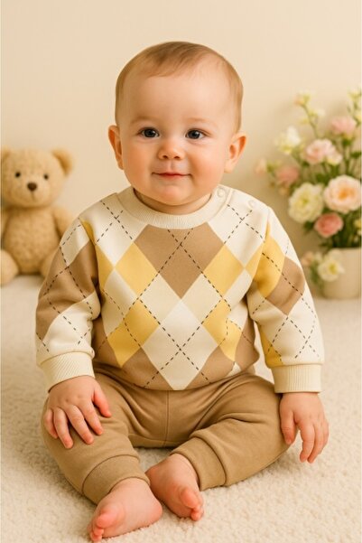 Superbaby Κρεμ κίτρινο μπεζ σετ για μωρά με αργυλό μοτίβο – Μπλούζα + άνετο π...