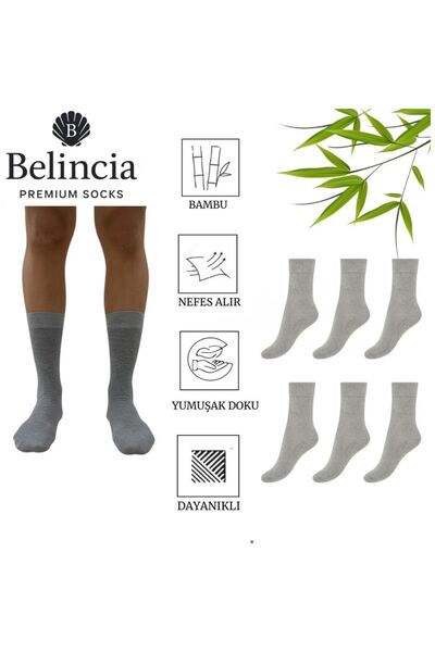 belincia Bamboo Men's Socks Long Plain Gray Socks Stitch-Free Pack of 6