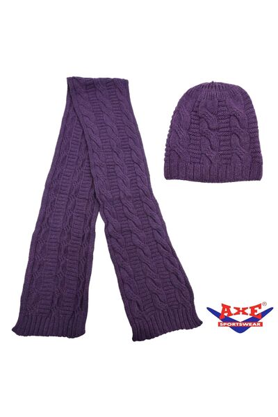 AXE SPORTSWEAR Winter Soft Textured Wool Hair Knitting Pattern Thick Knitwear Tuşe Scarf and Beanie 2-Piece Set