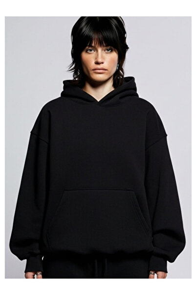 DEEPSENCE Unisex Black Winter Hooded Sweatshirt 3 Thread Thick Fleece Lined Inside