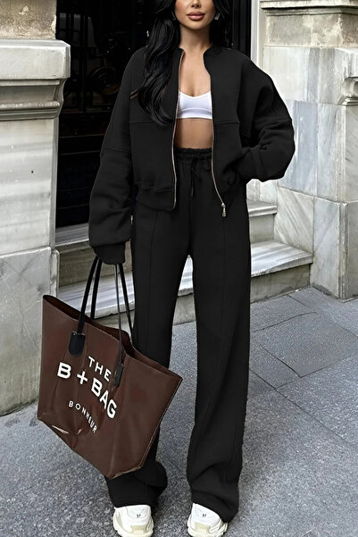 ruNadeS Women's Winter 3 Thread Ç piped Palazzo Bomber Cardigan Tracksuit Set