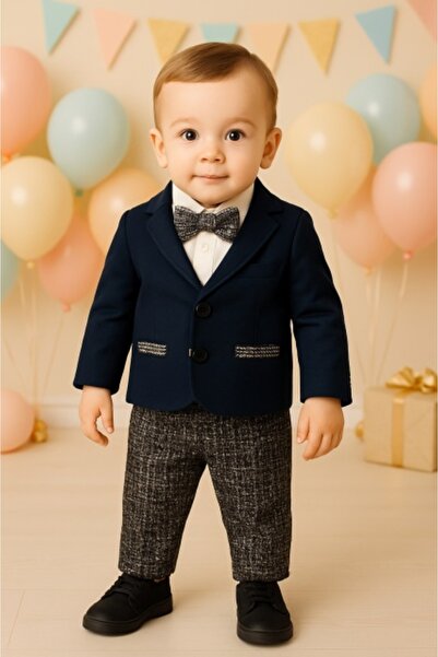 Superbaby Κομψό ναυτικό μπλε κοστούμι για αγόρια με παπιγιόν και σακάκι - Πλή...