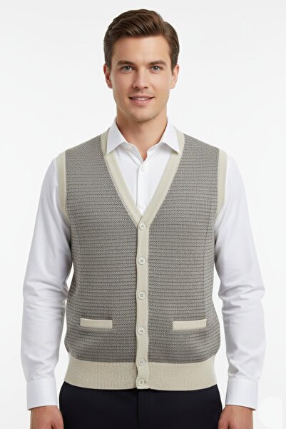 Triko Nehir Men's Buttoned Vest with Pockets Steel Knit Classic Fit Bgl-St04835