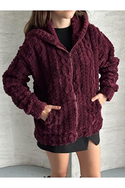 FERZOLAİO Knitted Detail Hooded Zippered Burgundy Plush Cardigan
