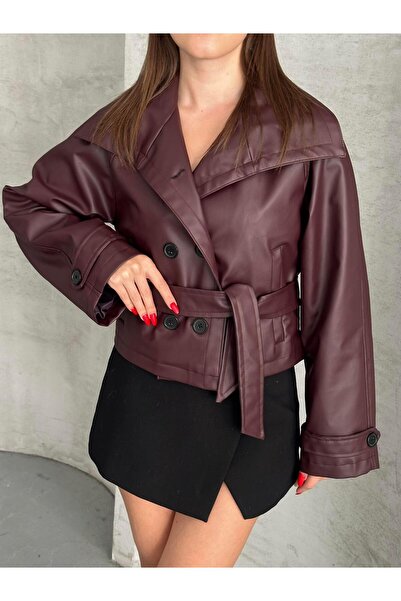 FERZOLAİO Belted Short Burgundy Leather Jacket