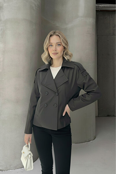 ALFUDO Moda Collection Basic Buttoned Double-Breasted Collar Gray Trench Coat