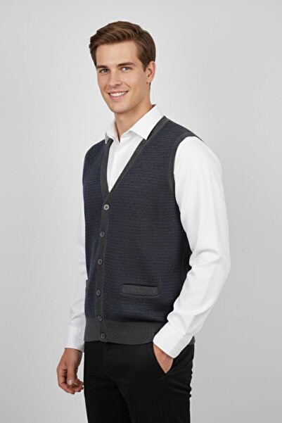Triko Nehir Men's Buttoned Vest with Pockets Steel Knit Classic Fit Bgl-St04835