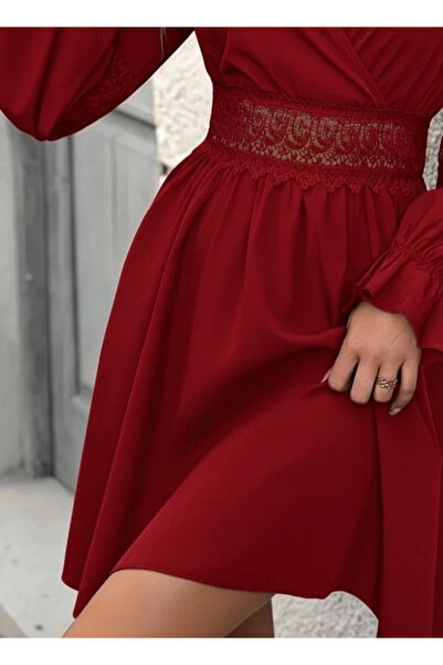 Butik Women's Long Sleeve Double-Breasted Collared Lace Zipper Detailed Mini Imported Crepe Dress