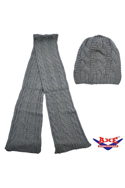 AXE SPORTSWEAR Winter Soft Textured Wool Hair Knitting Pattern Thick Knitwear Tuşe Scarf and Beanie 2-Piece Set