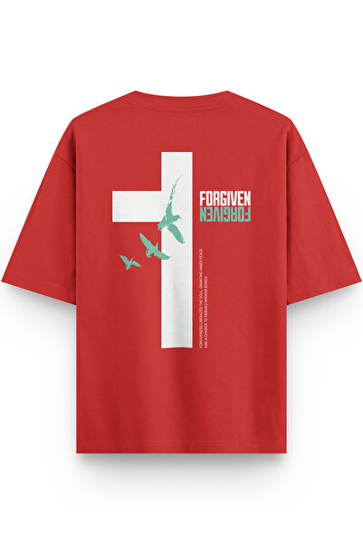 Overoz Forgiven Back Printed Semi Oversized Red Tshirt 1411