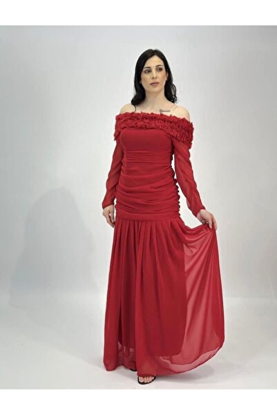 STAYILK DRESSES A stunning red off-the-shoulder dress,