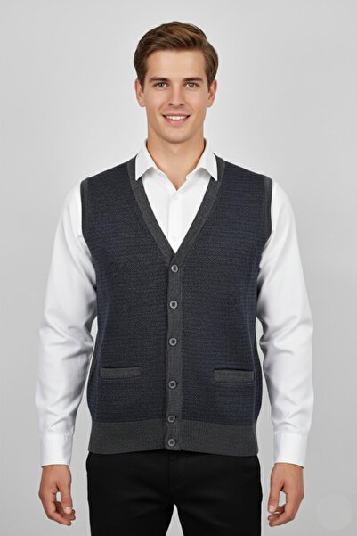 Triko Nehir Men's Buttoned Vest with Pockets Steel Knit Classic Fit Bgl-St04835